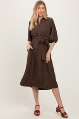 Brown Sash Tie Maternity Midi Shirt Dress