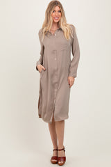 Light Taupe Long Sleeve Midi Shirt Dress