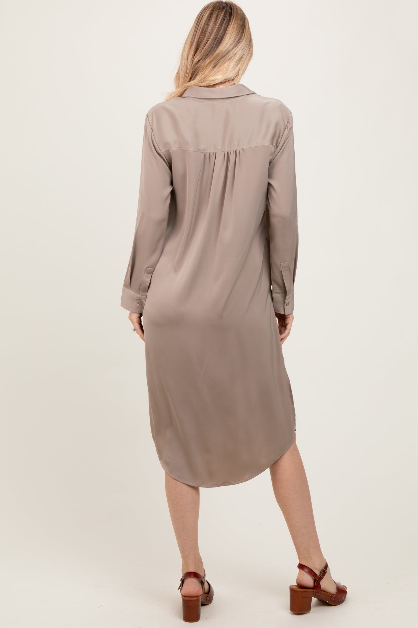 Light Taupe Long Sleeve Midi Shirt Dress