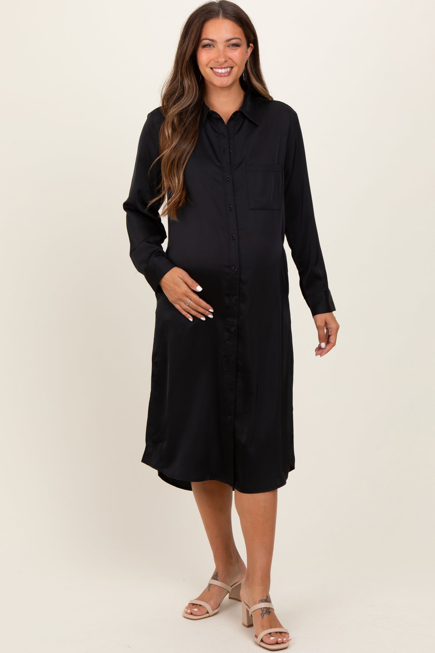 Black Long Sleeve Maternity Midi Shirt Dress