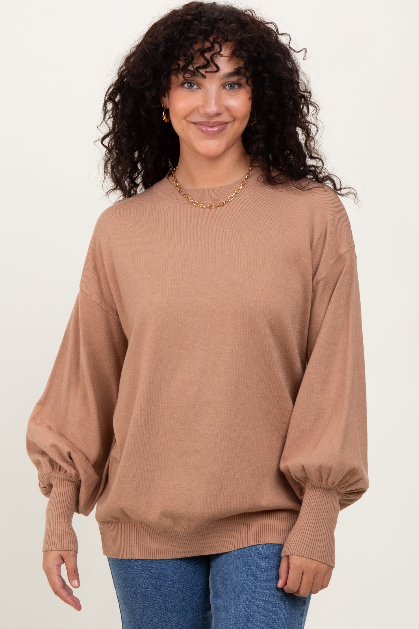 Mocha Fine Knit Balloon Sleeve Sweater