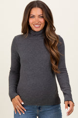 Charcoal Ribbed Knit Ruffle Edge Turtleneck Maternity Top