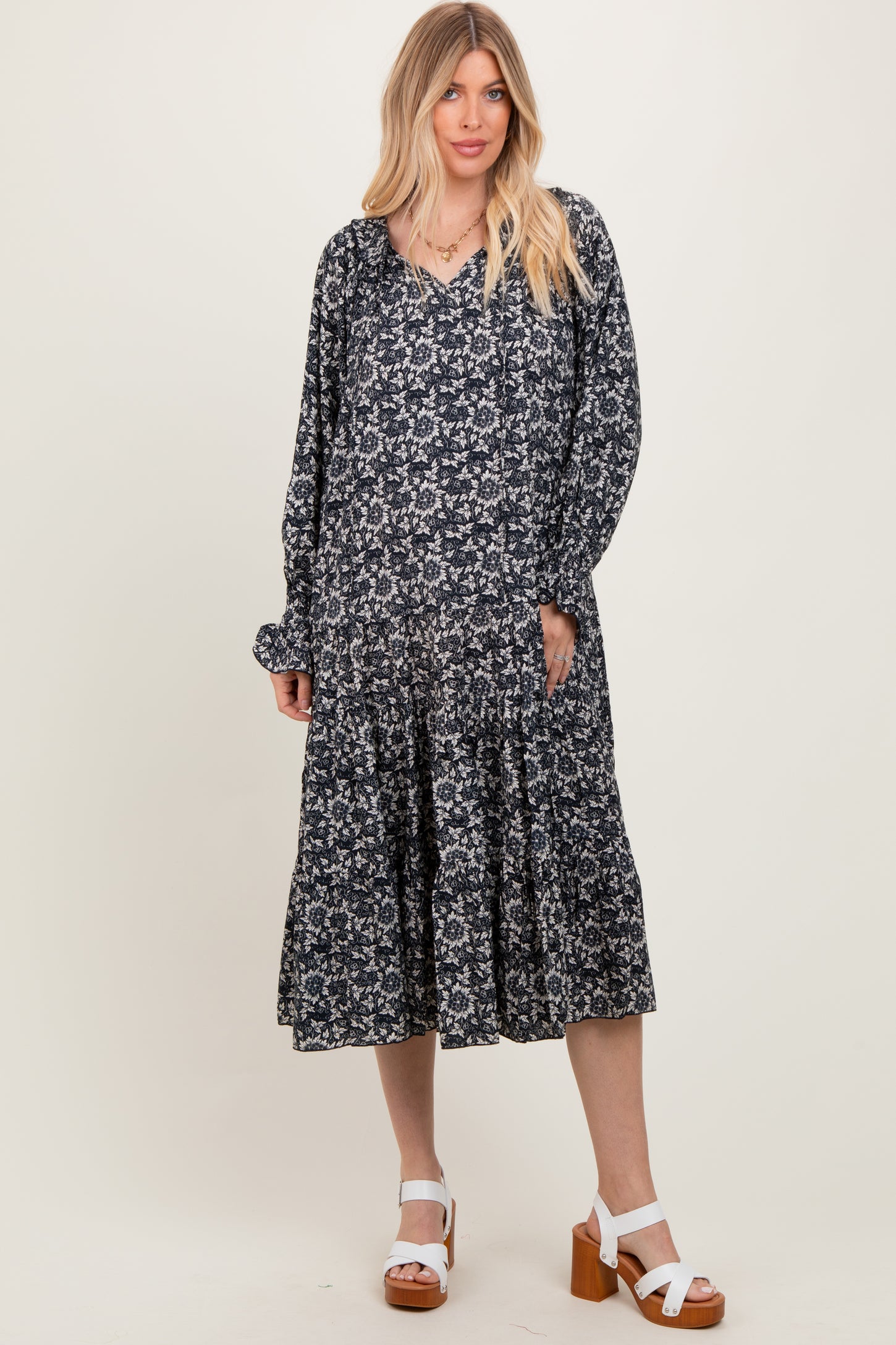 Navy Blue Floral Tie Neckline Tiered Maxi Dress