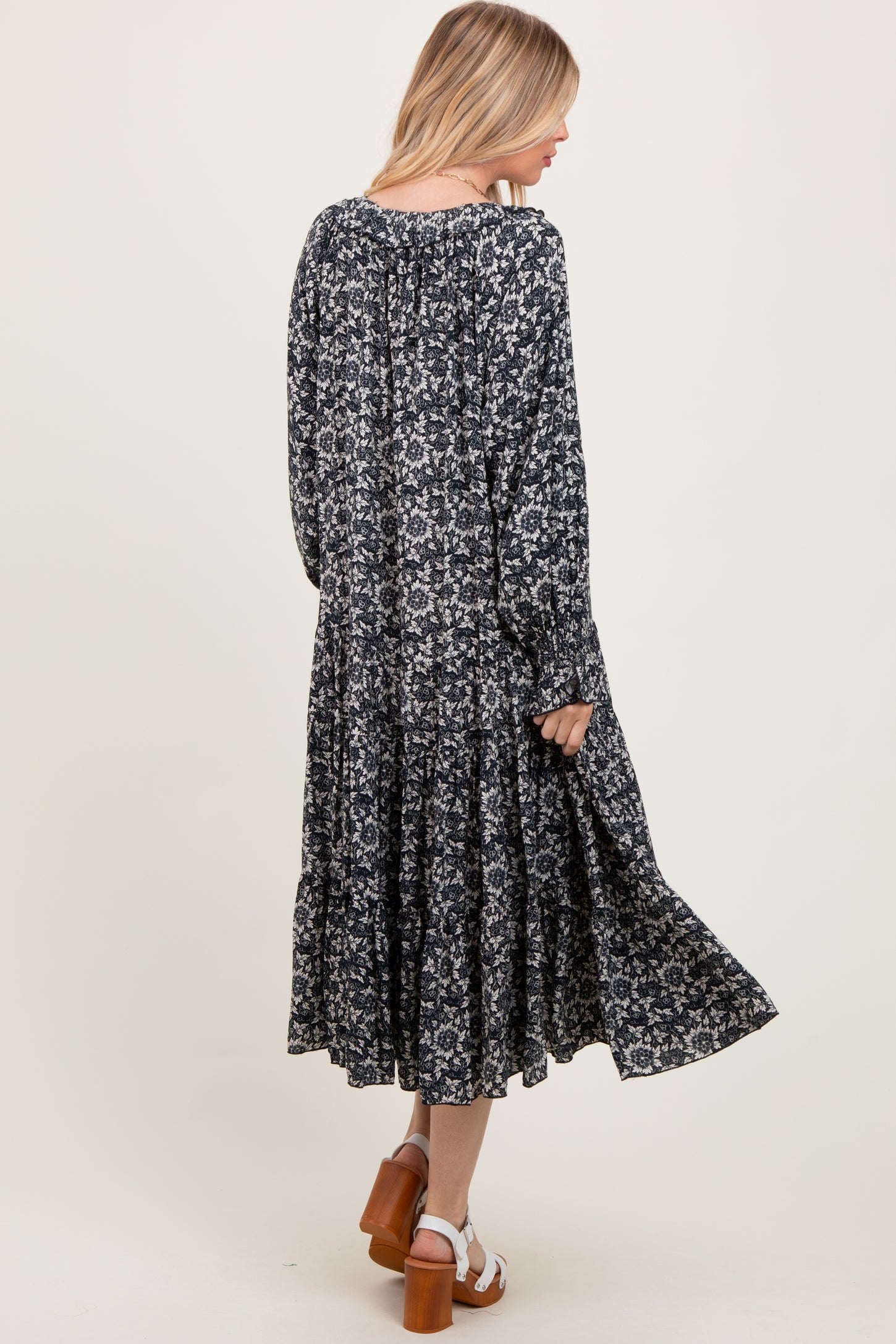Navy Blue Floral Tie Neckline Tiered Maxi Dress