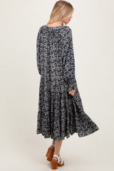 Navy Blue Floral Tie Neckline Tiered Maxi Dress