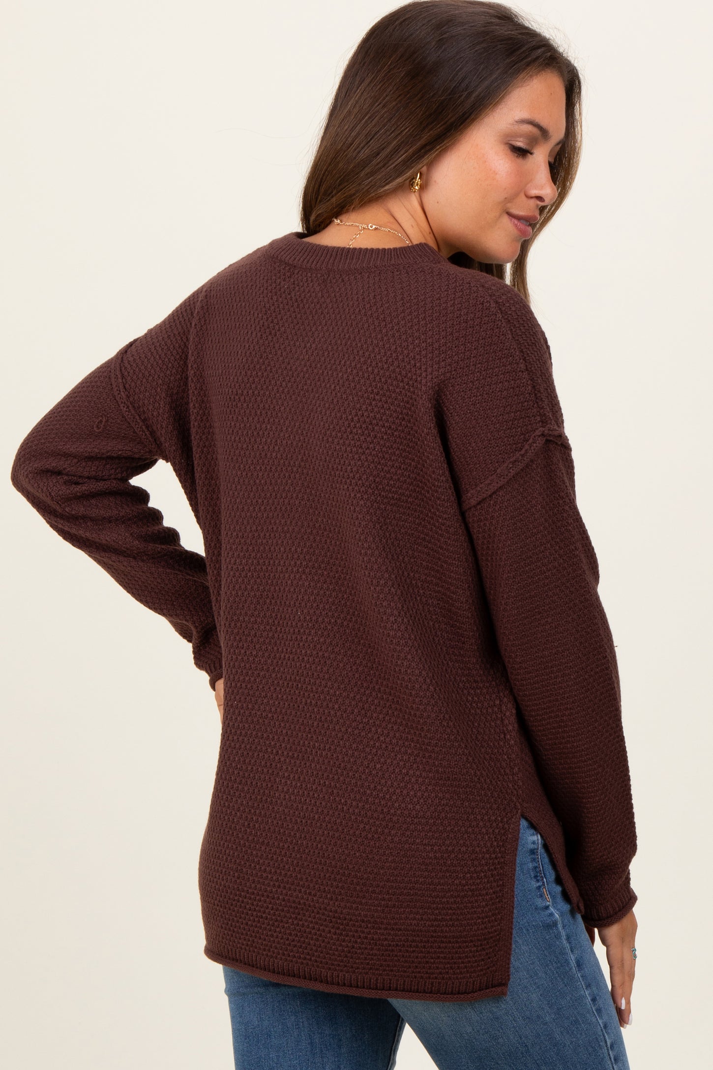 Brown Diamond Knit Button Detail Maternity Sweater