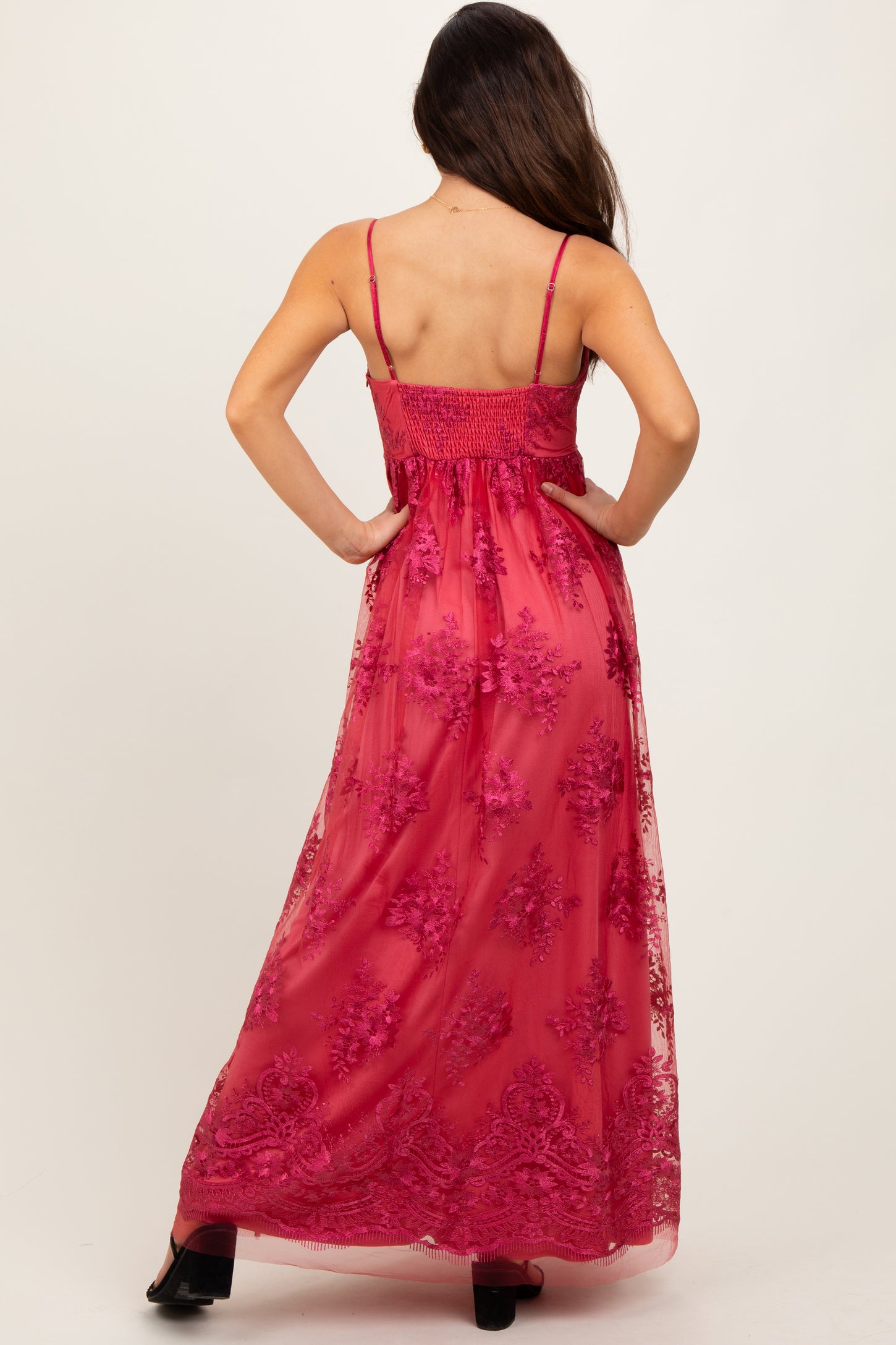 Red Floral Lace Overlay Maxi Dress