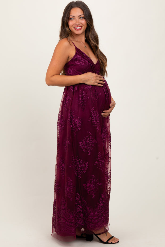 Plum Floral Lace Overlay Maternity Maxi Dress