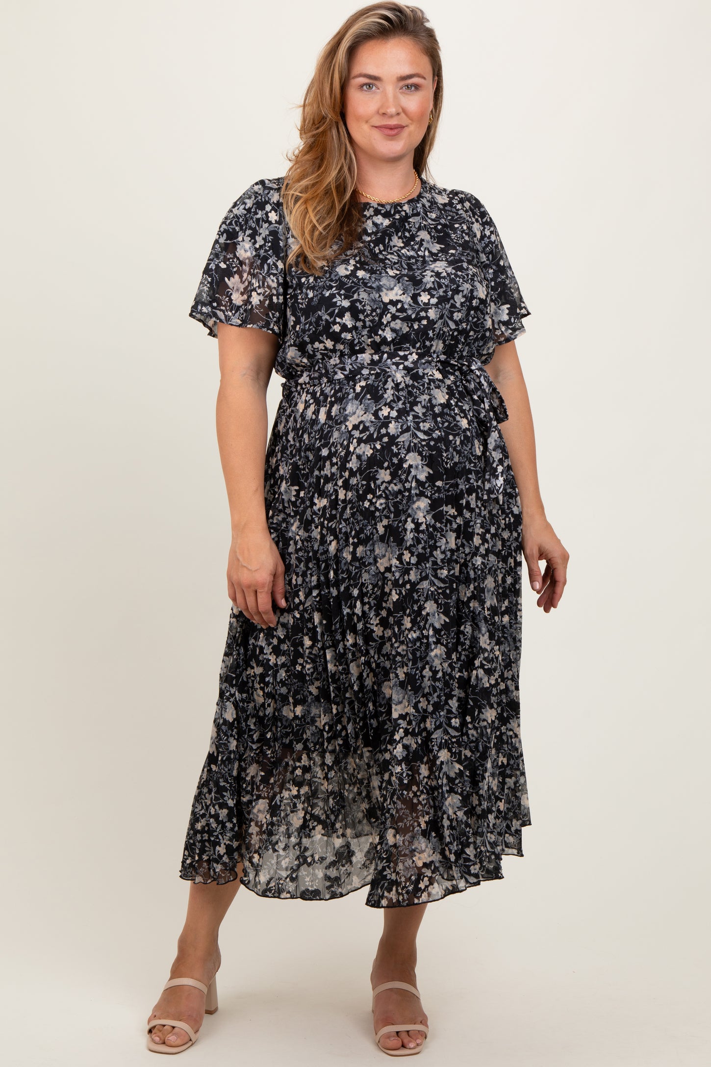 Black Floral Pleated Maternity Plus Midi Dress