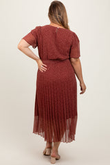 Rust Printed Sash Tie Pleated Maternity Plus Midi Dress