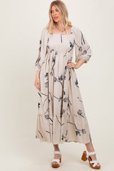 Cream Floral Square Neck Midi Dress