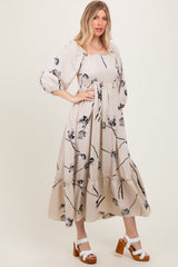 Cream Floral Square Neck Midi Dress