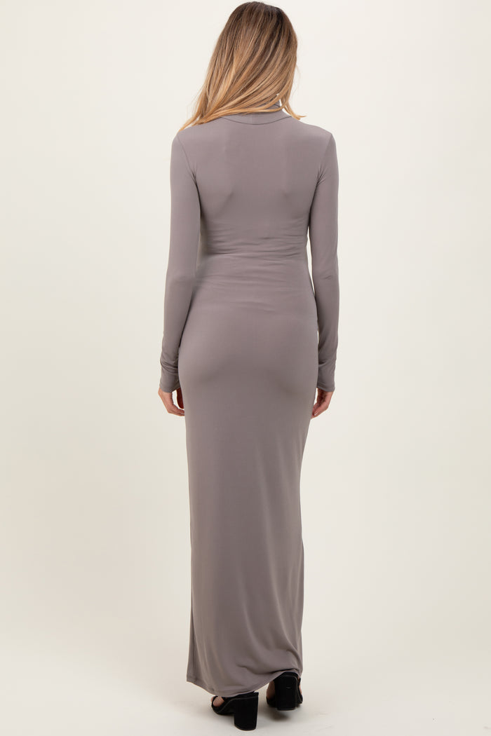 Taupe Turtleneck Long Sleeve Fitted Maternity Maxi Dress