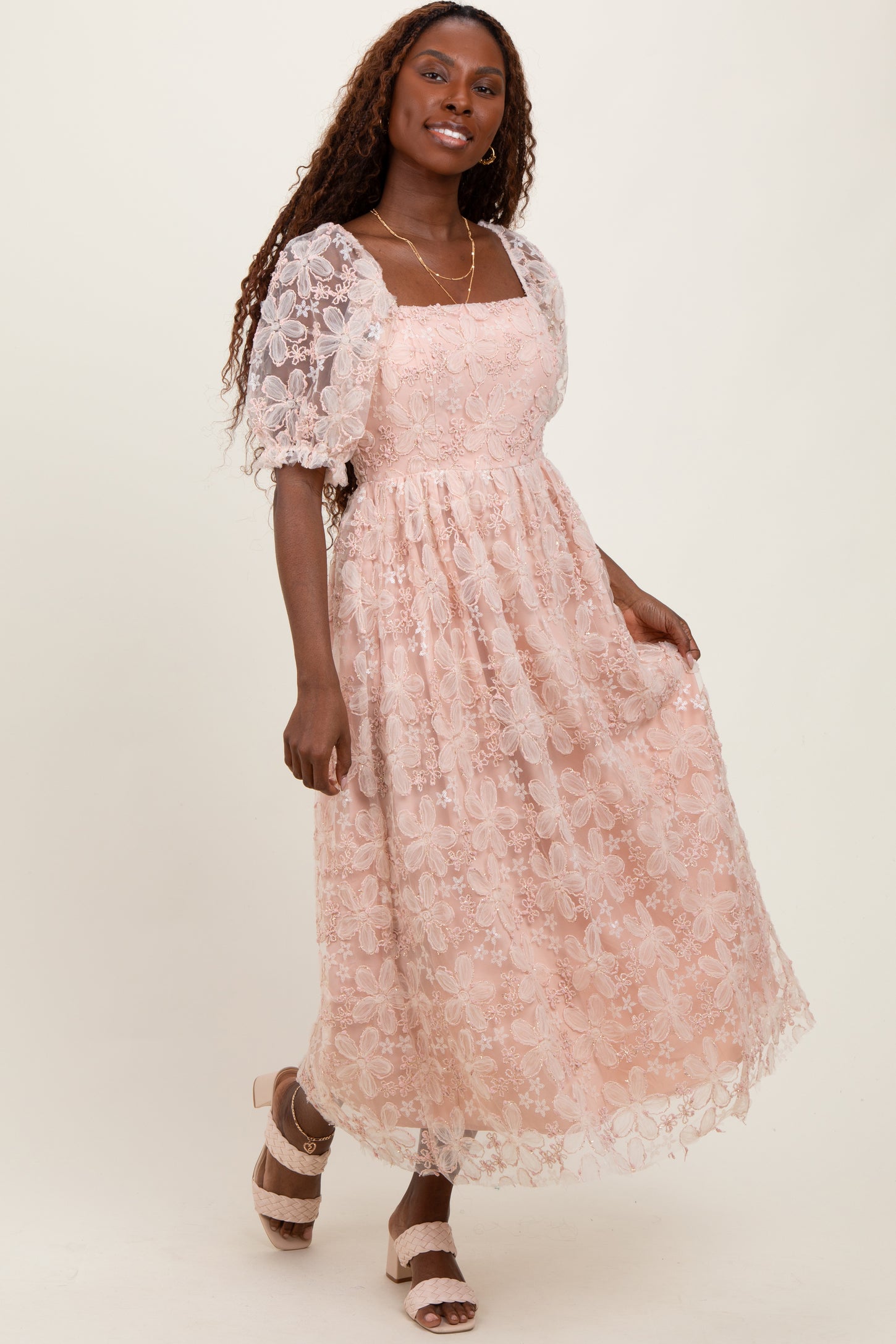 Light Pink Floral Mesh Overlay Tie Back Midi Dress