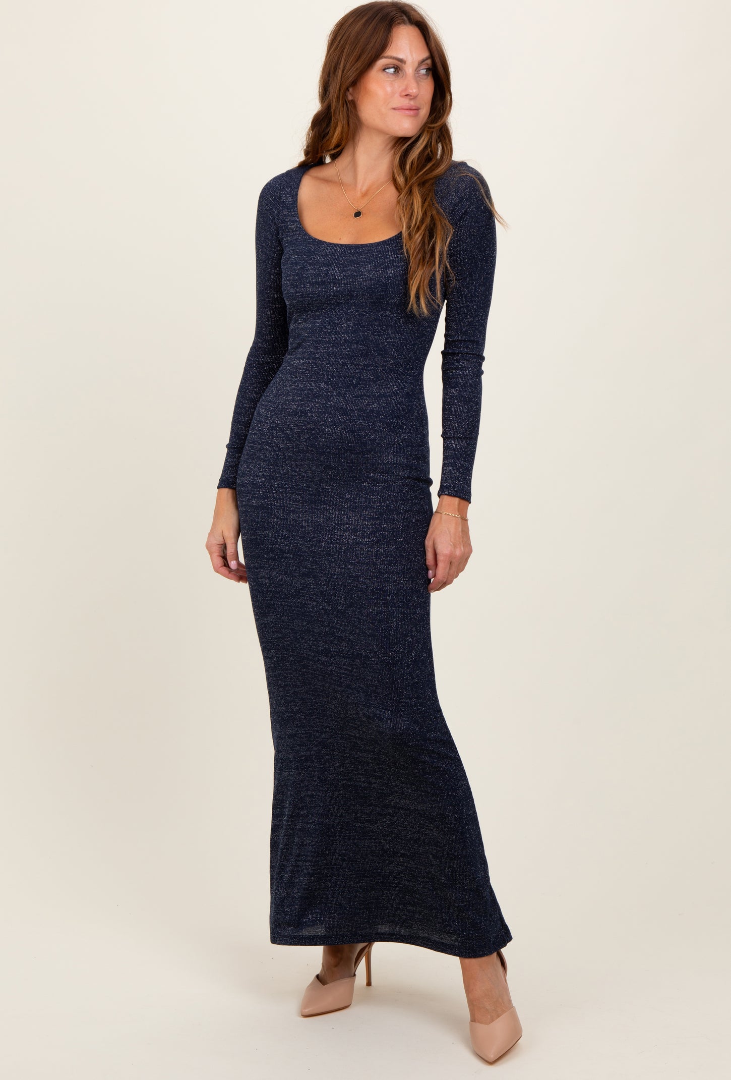 Navy Basic Square Neck Long Sleeve Maxi Dress