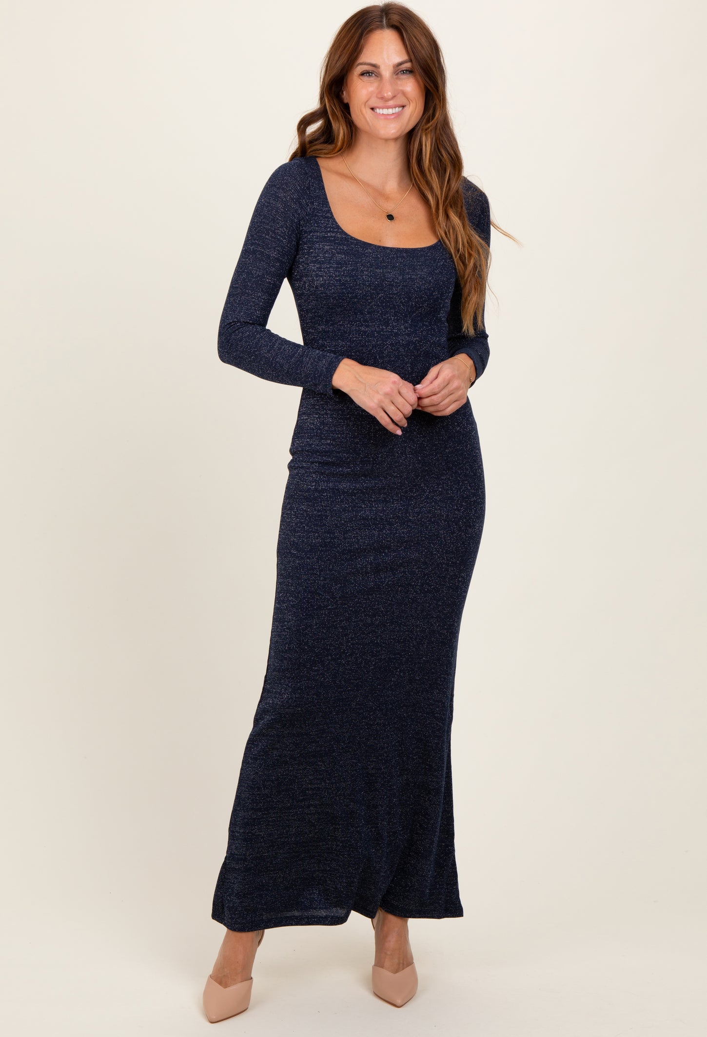 Navy Basic Square Neck Long Sleeve Maternity Maxi Dress