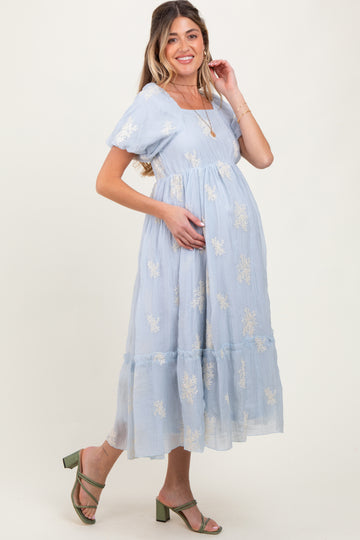 Light Blue Floral Print Ruffle Hem Maternity Midi Dress