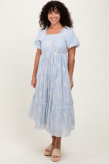 Light Blue Floral Print Ruffle Hem Maternity Midi Dress