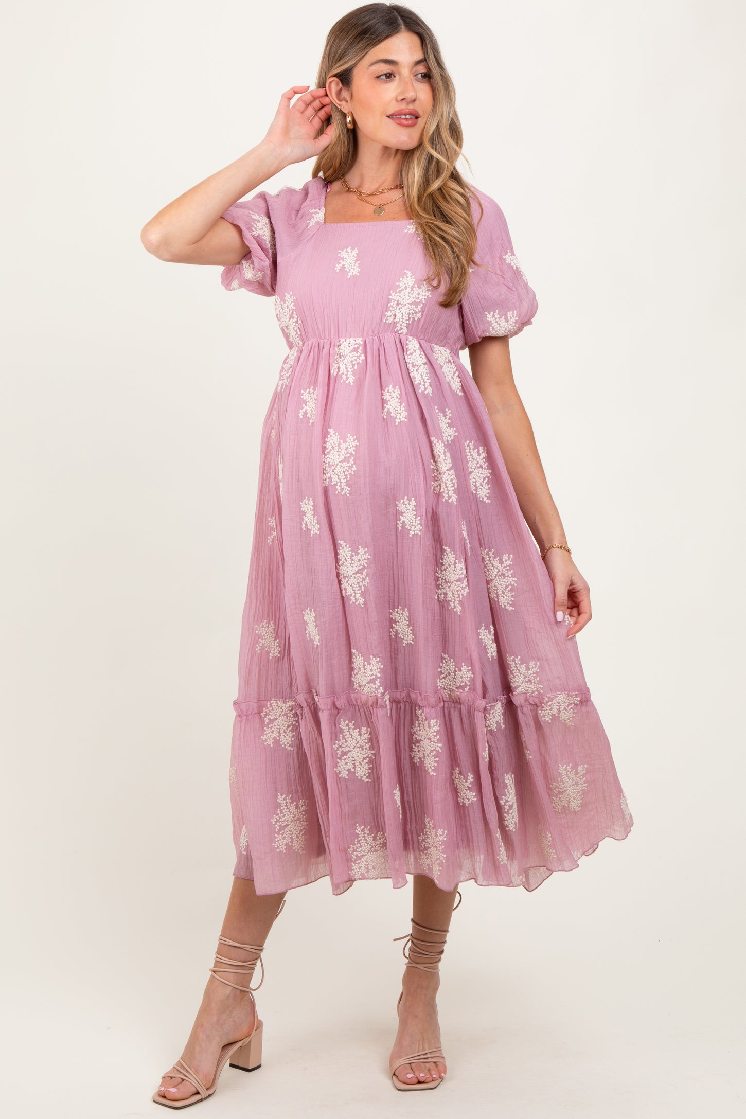Mauve Floral Print Ruffle Hem Maternity Midi Dress