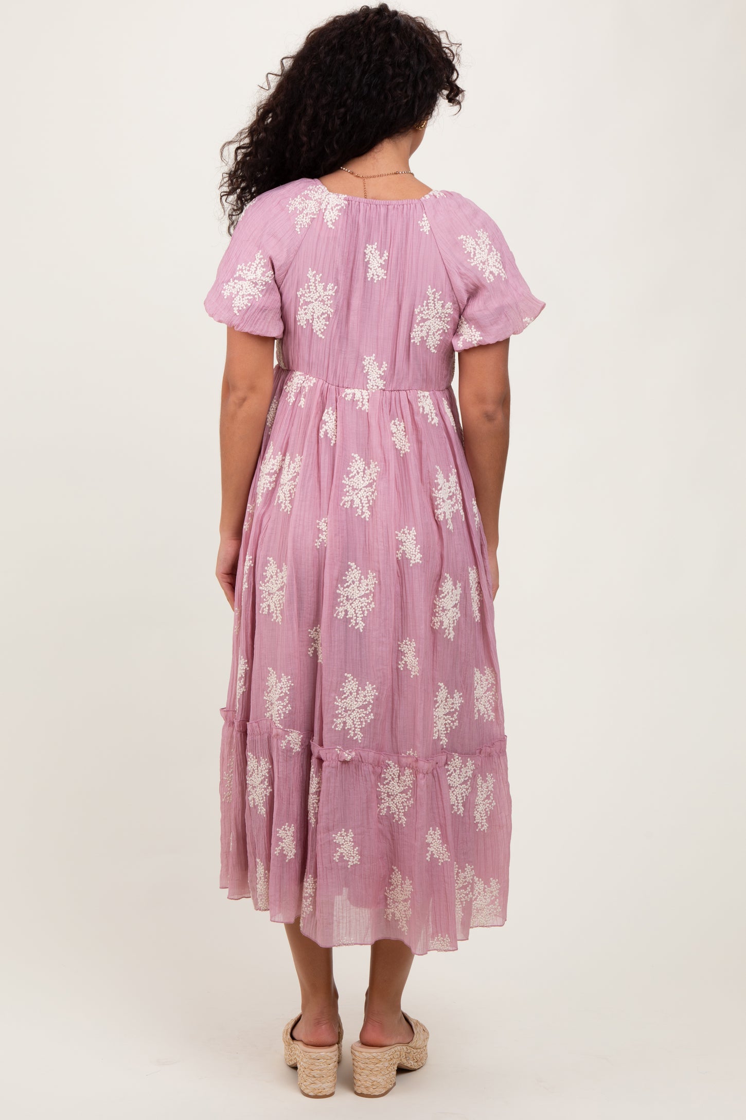 Mauve Floral Print Ruffle Hem Midi Dress