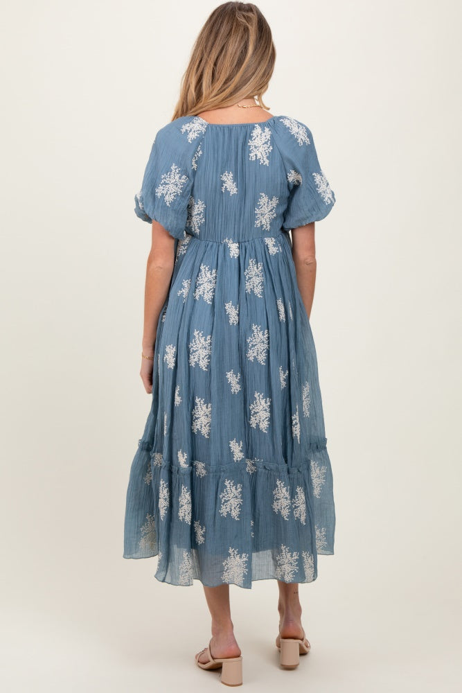 Blue Floral Print Ruffle Hem Maternity Midi Dress