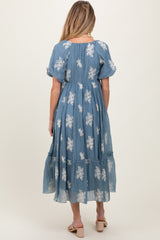Blue Floral Print Ruffle Hem Maternity Midi Dress