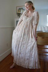 Cream Floral Chiffon Embroidered Ruffle Trim Maxi Dress