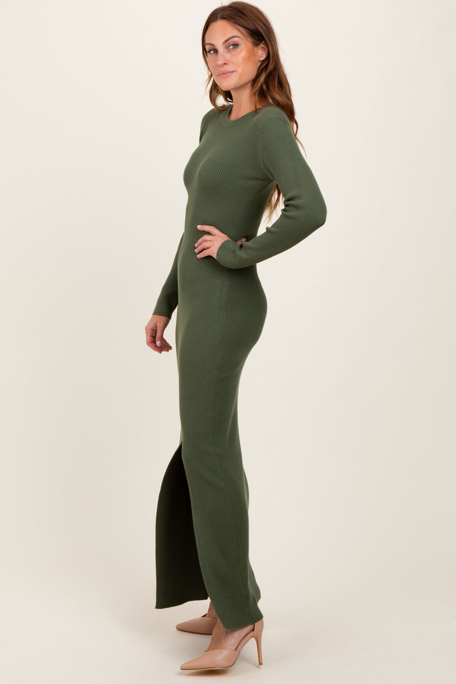 Olive Ribbed Knit Long Sleeve Side Slit Maxi Dress