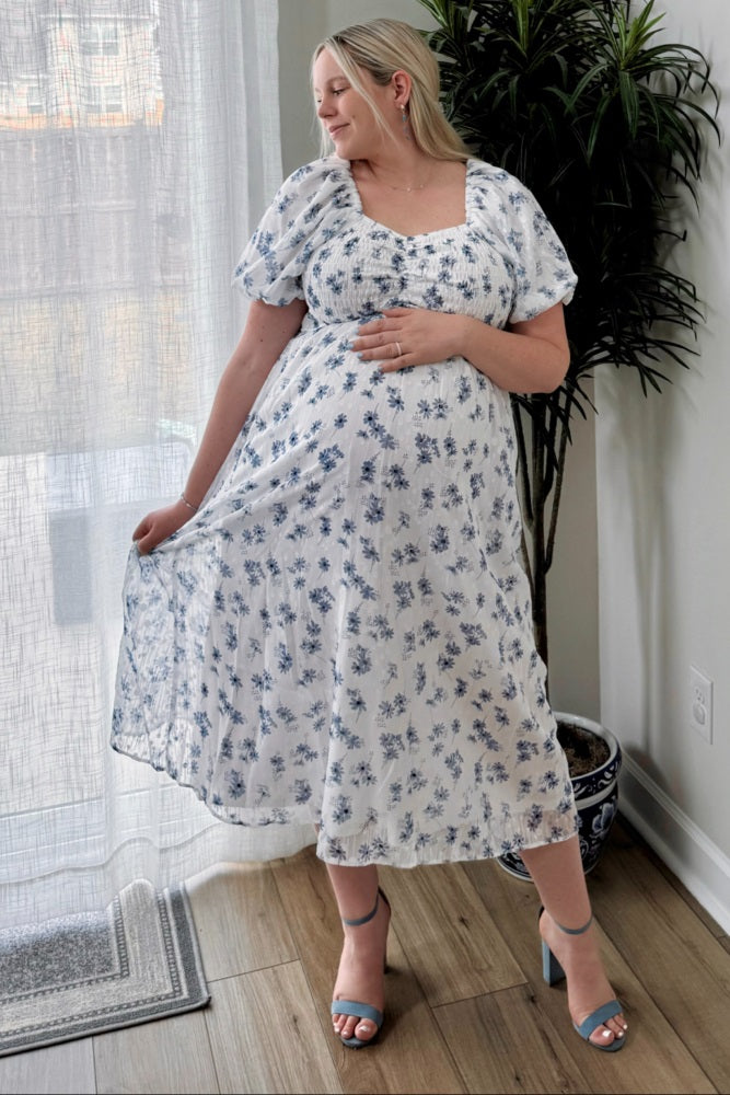 Blue Floral Smocked Bodice Maternity Midi Dress