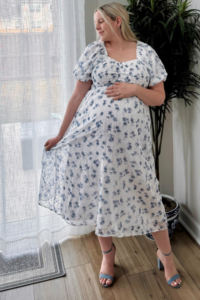 Blue Floral Smocked Bodice Maternity Midi Dress