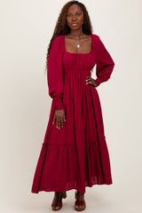 Burgundy Square Neckline Bubble Sleeve Maxi Dress