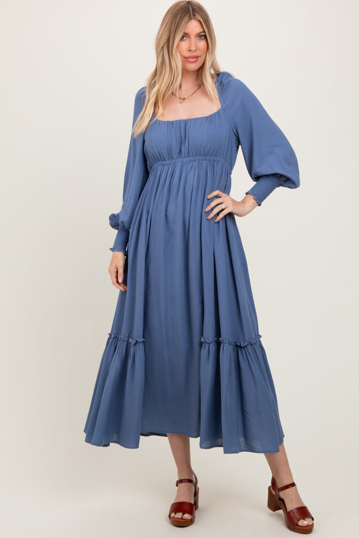 Blue Square Neckline Bubble Sleeve Maternity Maxi Dress