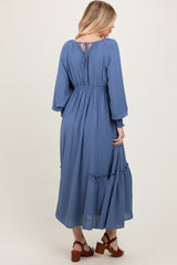 Blue Square Neckline Bubble Sleeve Maxi Dress