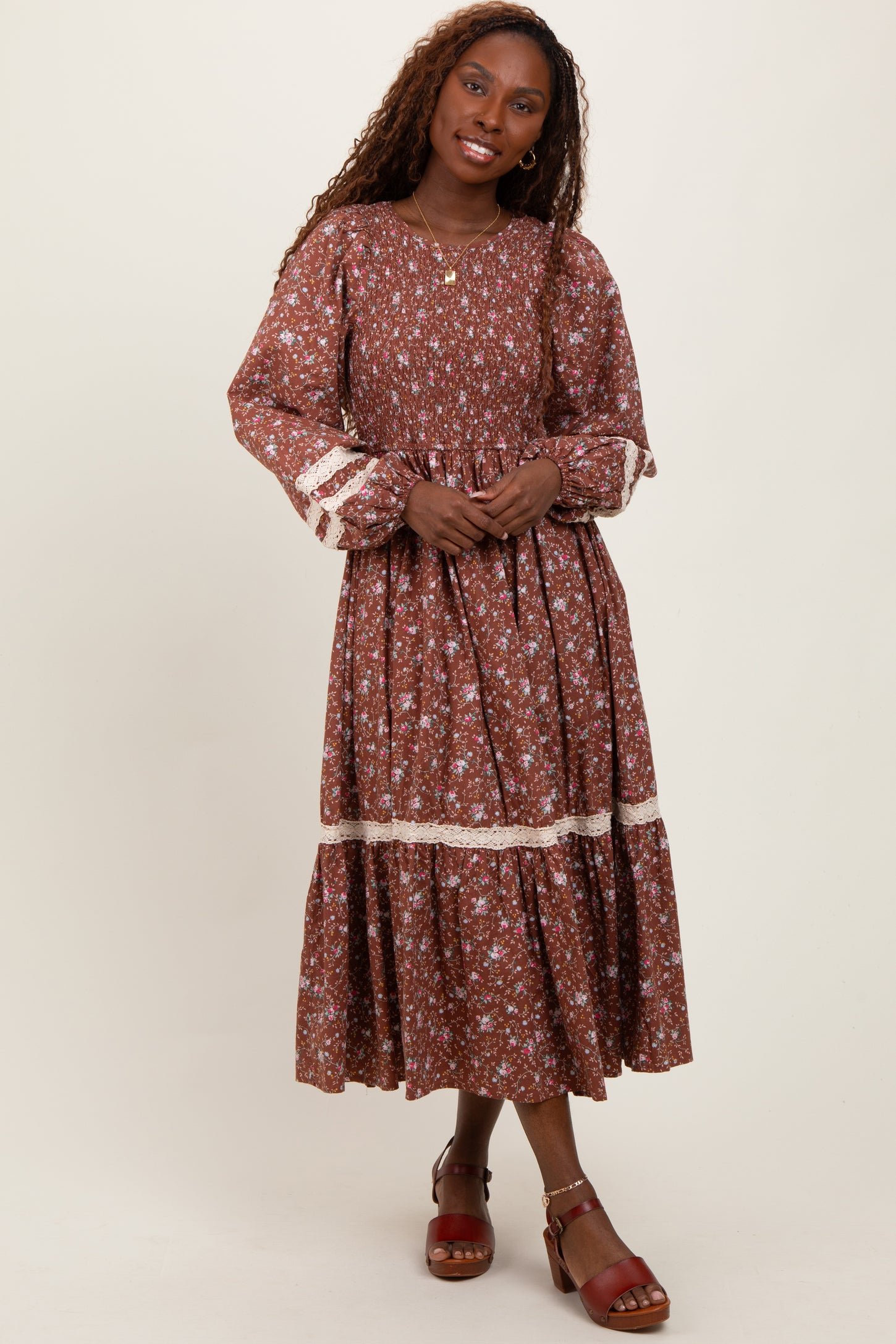 Mocha Smocked Floral Crochet Lace Trim Maxi Dress