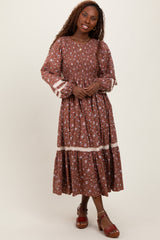 Mocha Smocked Floral Crochet Lace Trim Maxi Dress