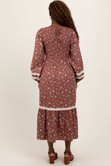 Mocha Smocked Floral Crochet Lace Trim Maxi Dress