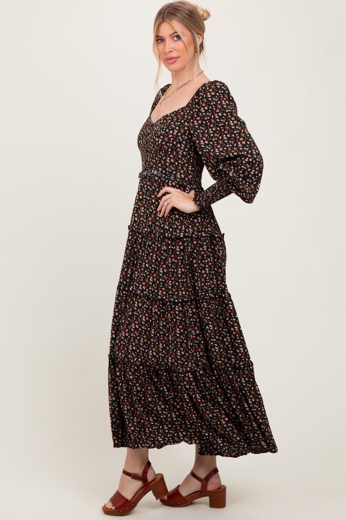 Black Floral Button Accent Bodice Tiered Maxi Dress