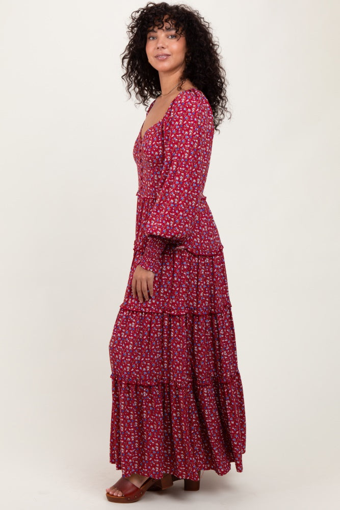 Burgundy Floral Button Accent Bodice Tiered Maxi Dress