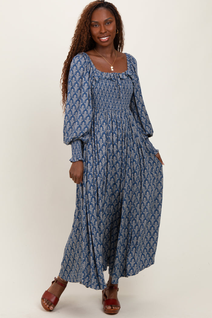 Blue Damask Print Smocked Ruffle Accent Maternity Maxi Dress