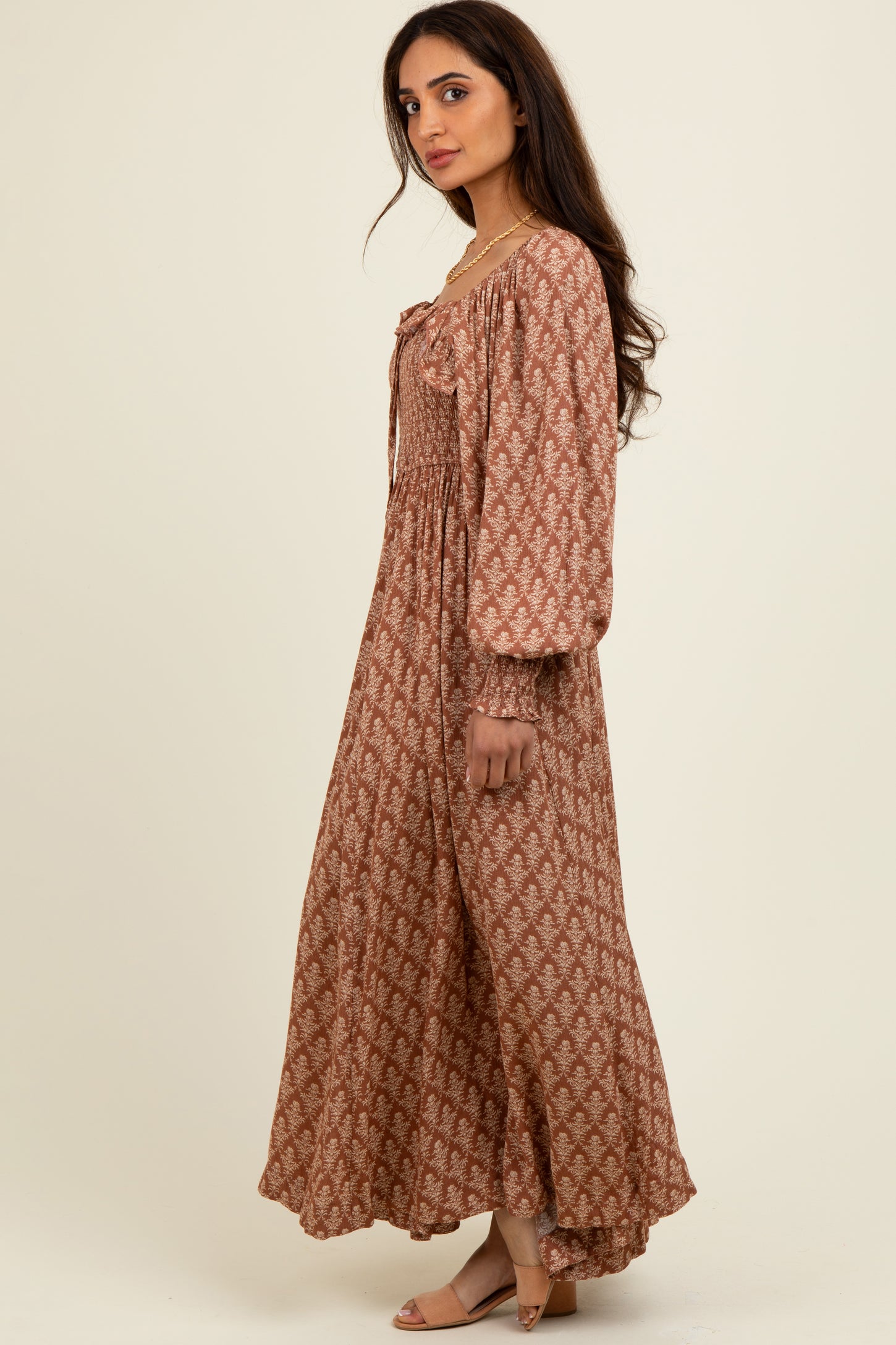 Mocha Damask Print Smocked Ruffle Accent Maxi Dress