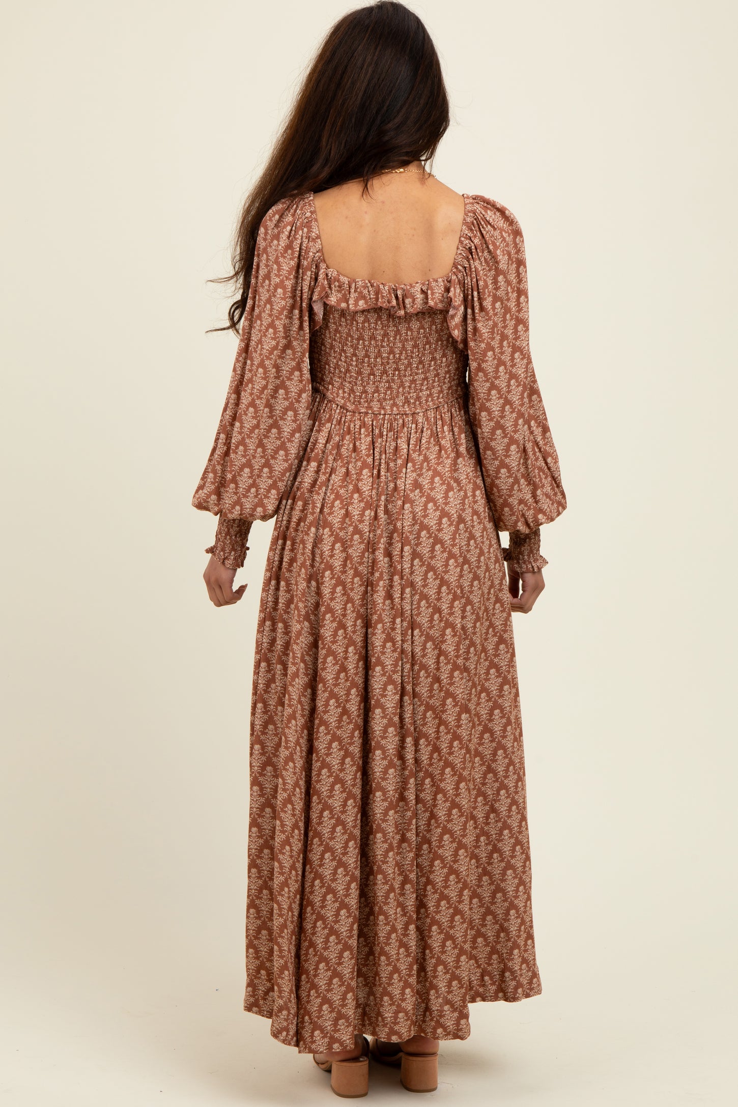 Mocha Damask Print Smocked Ruffle Accent Maxi Dress