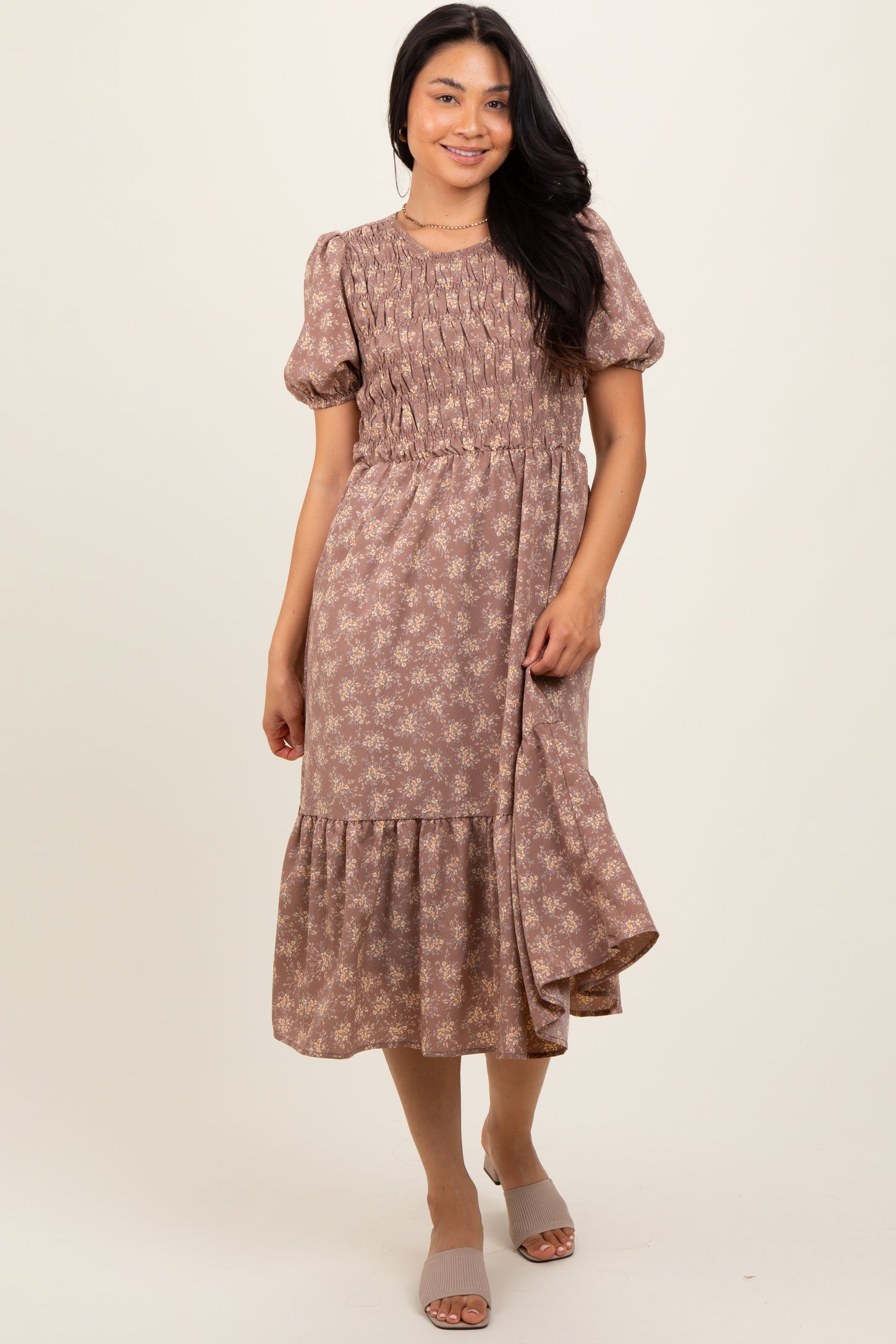 Mocha Floral Puff Sleeve Smocked Maternity Midi Dress