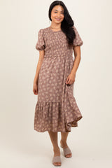 Mocha Floral Puff Sleeve Smocked Maternity Midi Dress