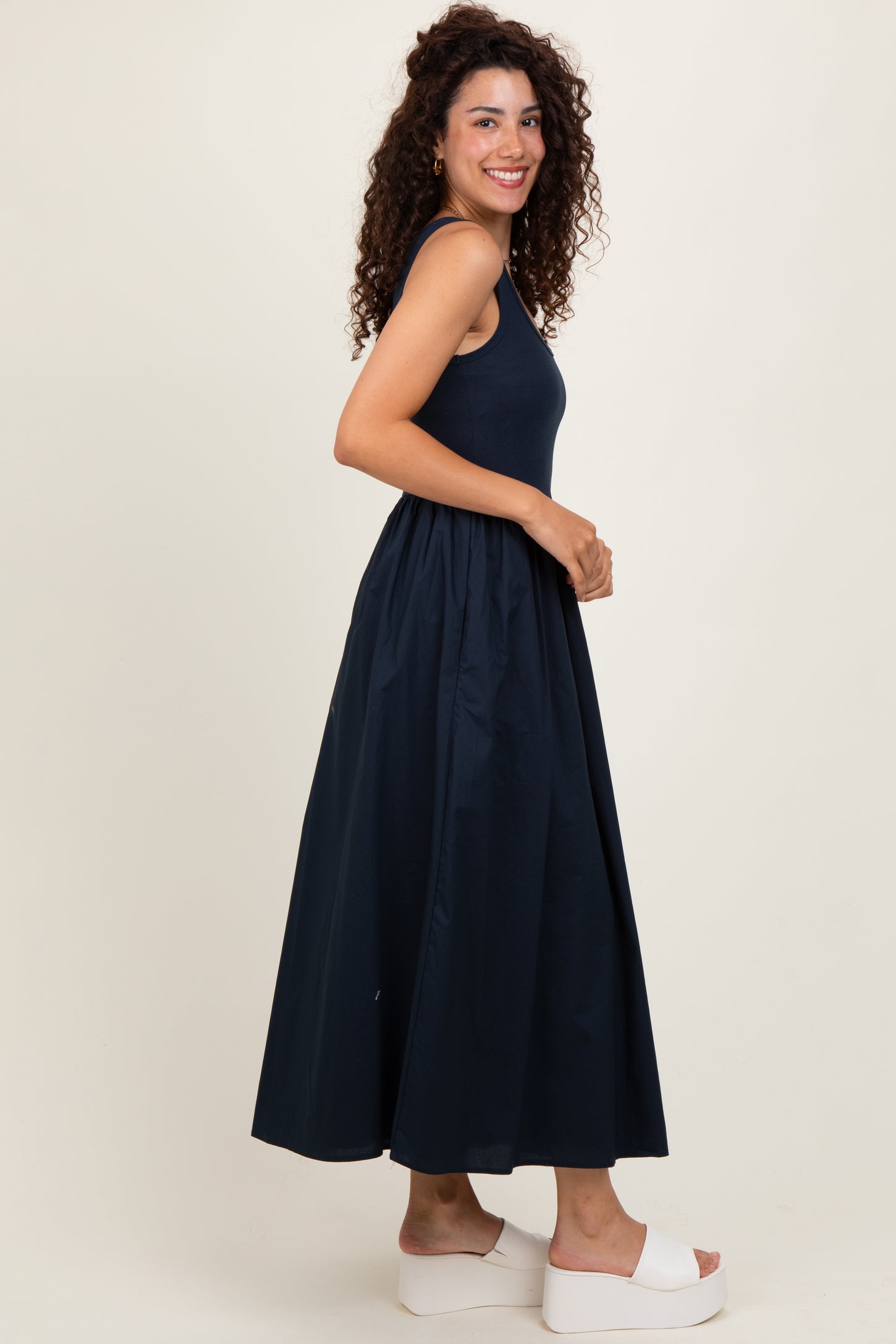 Navy Scoop Neck Contrast Skirt Maxi Dress