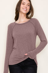 Brown Exposed Stitch Long Sleeve Top