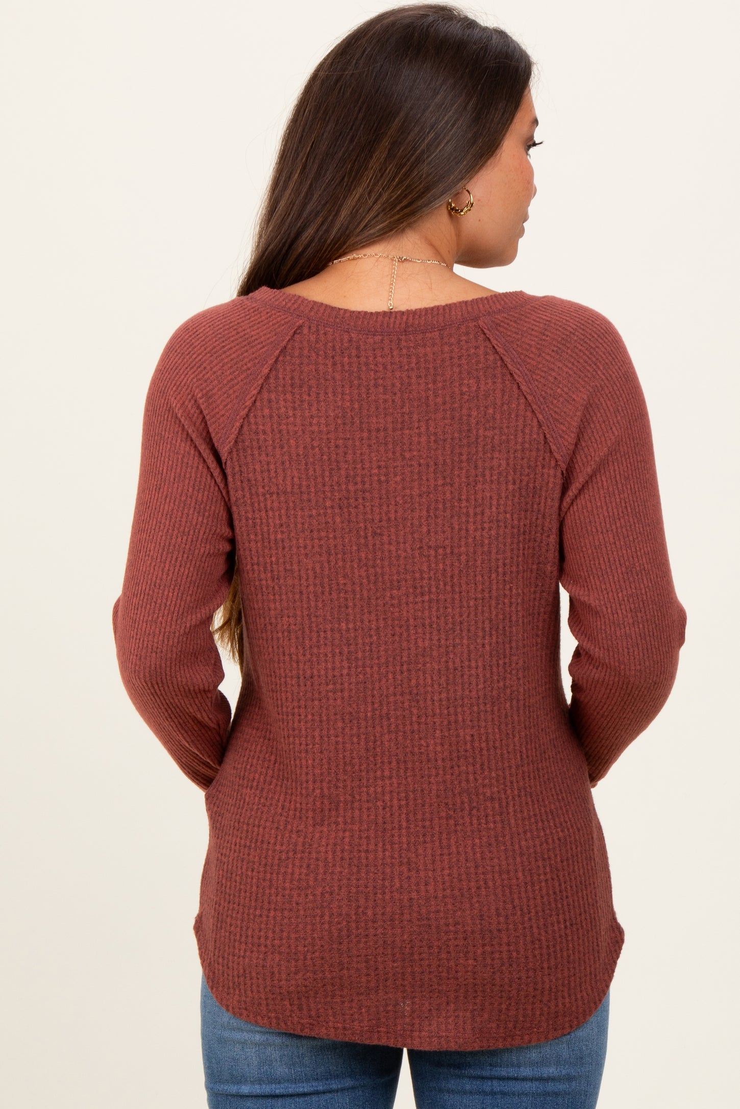 Brown Waffle Knit Raglan Long Sleeve Maternity Top