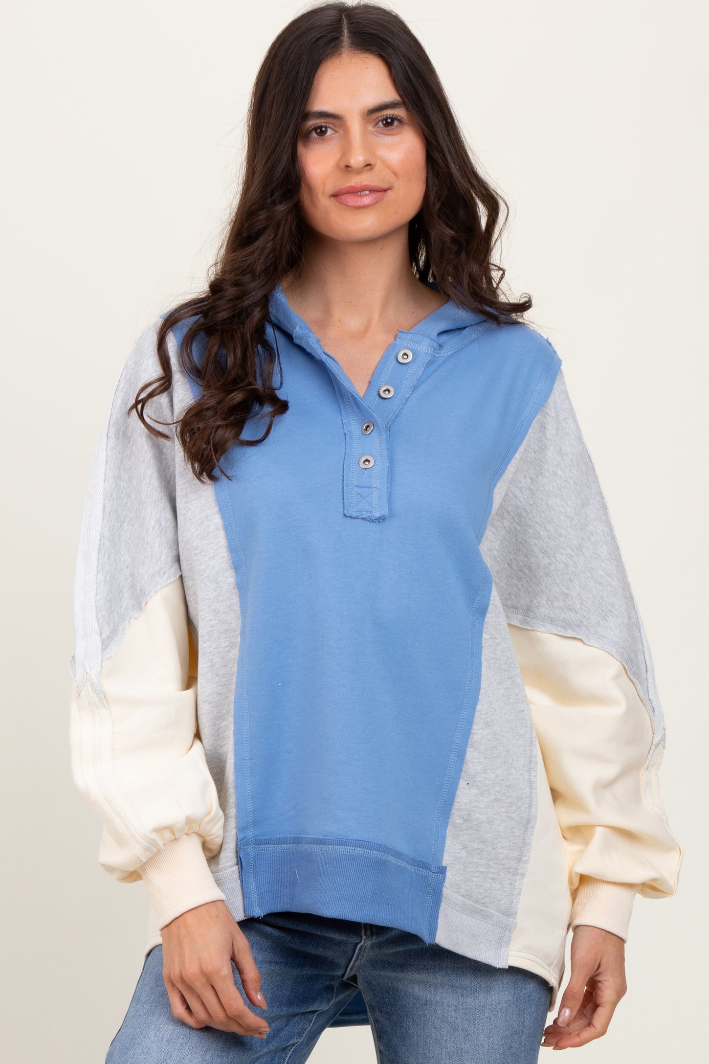 Light Blue Colorblock Dolman Sleeve Maternity Hoodie