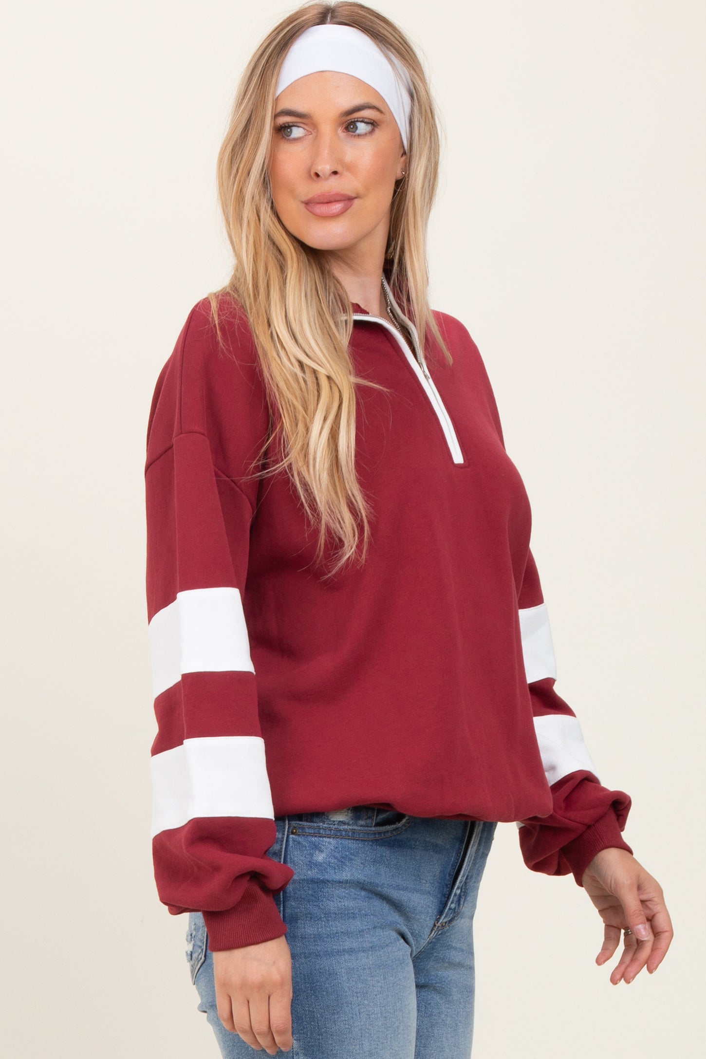 Burgundy Half Zip Stripe Sleeve Pullover