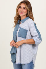 Blue Colorblock Stripe Oversized Button Down