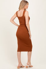 Mocha Scallop Trim Ribbed Knit Sleeveless Maternity Midi Dress
